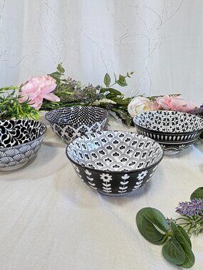 BIA Kitchen & Home Black White Ceramic 6" Cereal Bowls Geo Elegant Set of 4 New
